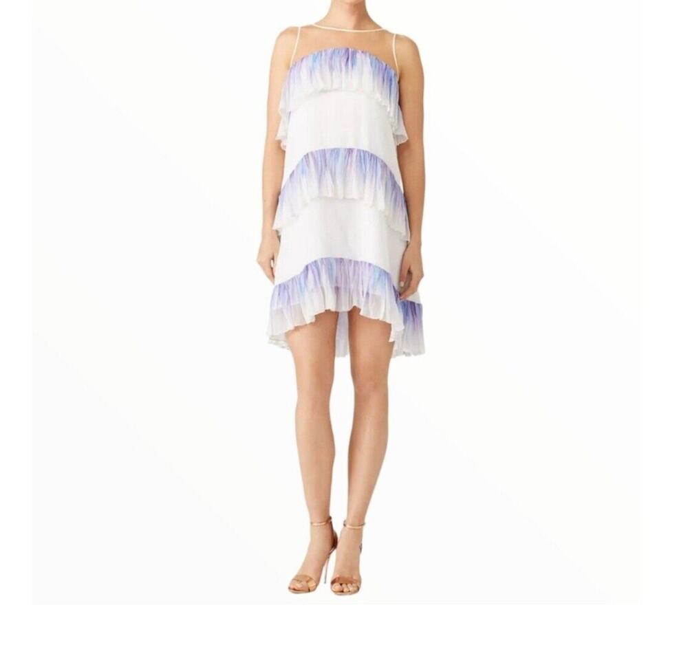 Nha Khanh Dress Women's 8 White Purple Blue Pleated Ruffle Tiered Sleeveless USA
